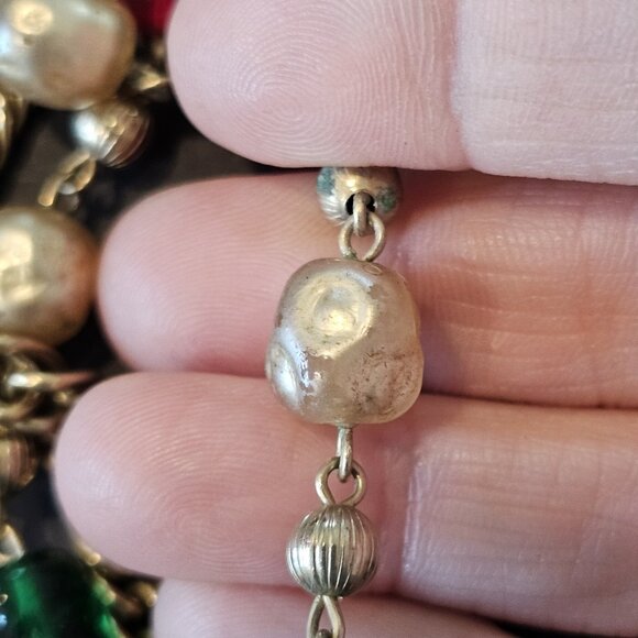 VTG 60s Multi-strand Bib Necklace Goldtone Glass Beads Red Pink Green MCM 17-20" - Picture 9 of 11